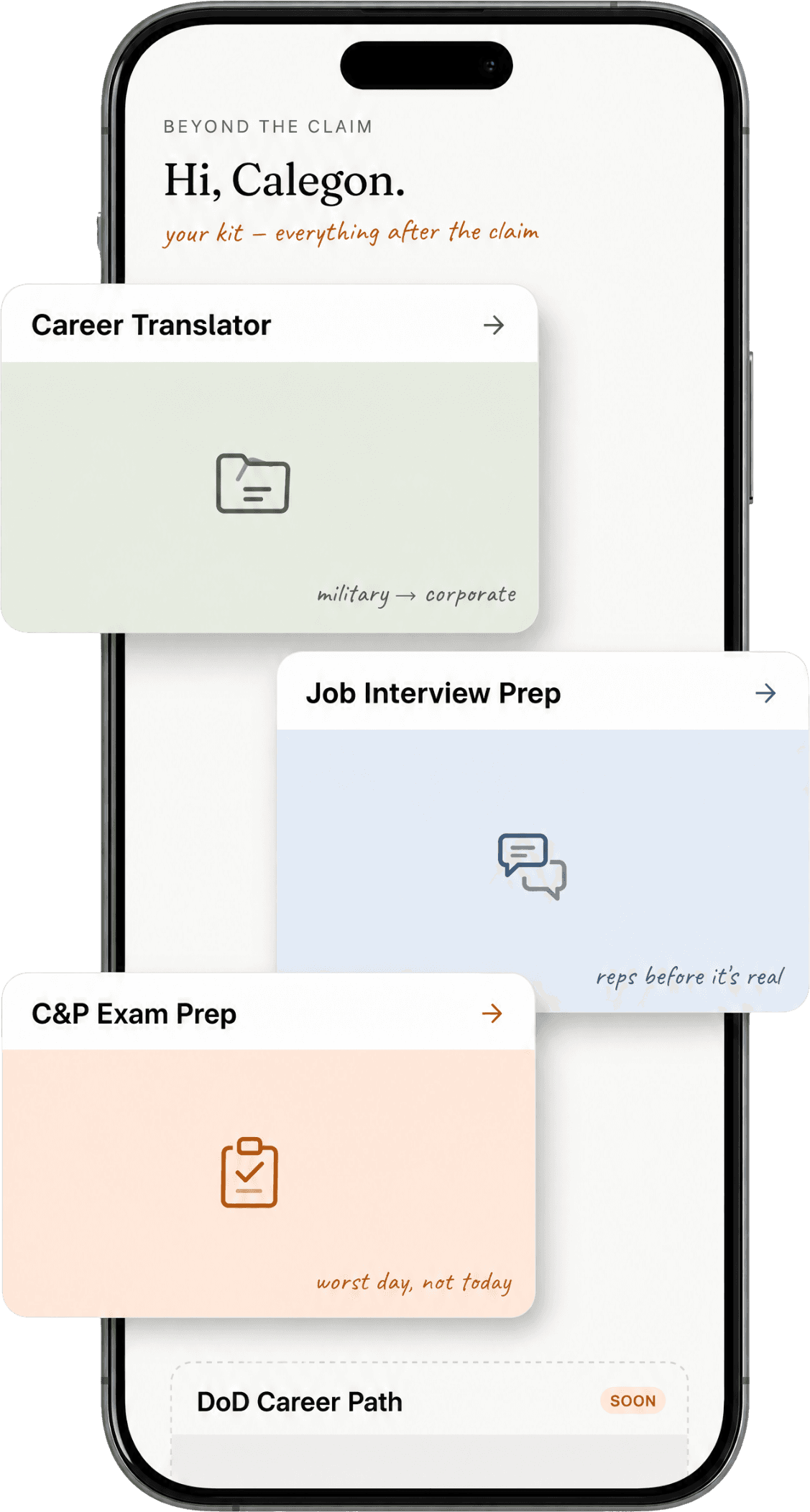 The Beyond the Uniform tools hub on a phone — Resume Builder, Job Interview Prep, and C&P Exam Prep