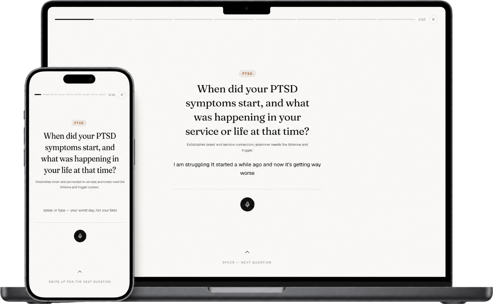 C&P exam prep on laptop and phone — a real examiner-style question about when PTSD symptoms started