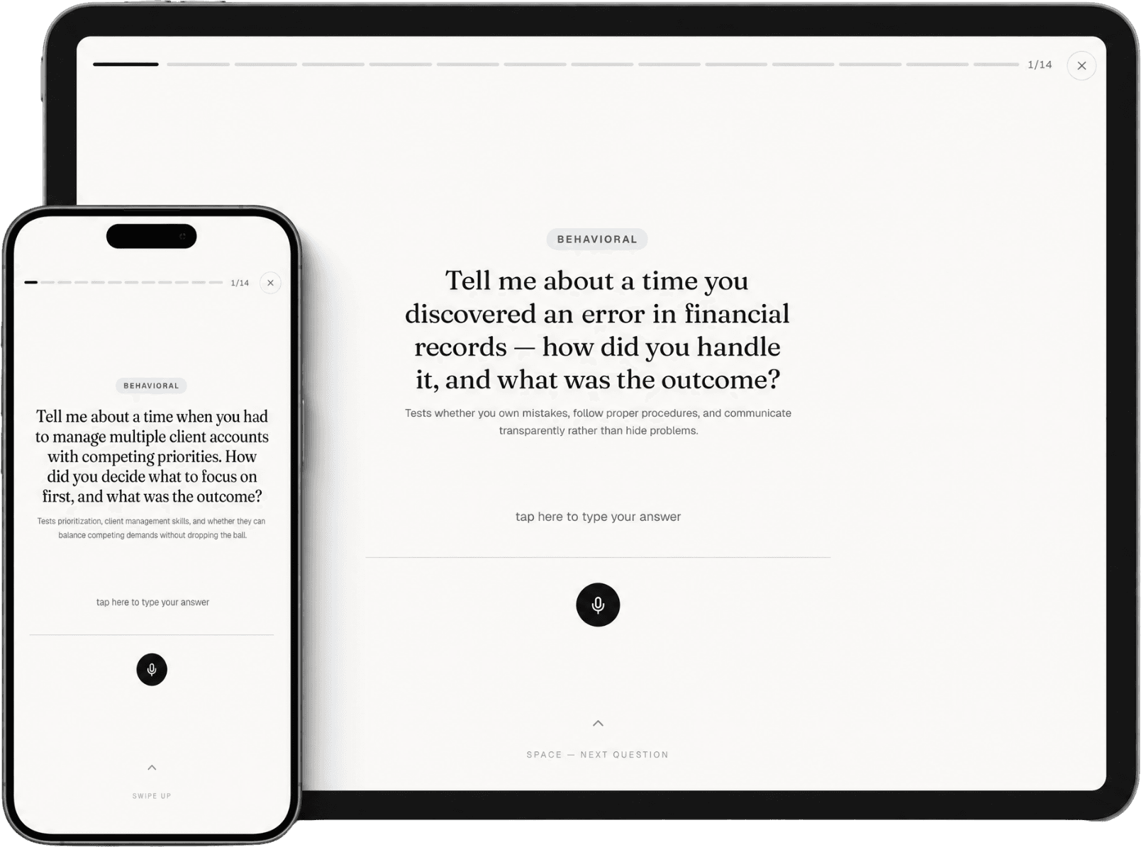 Job interview practice on a laptop and phone — answering a real behavioral question one at a time